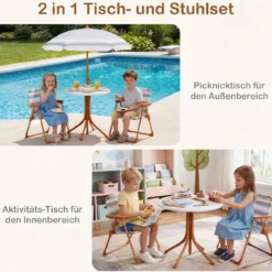 Kindersitzgruppe mit Höhenverstellbarem Sonnenschirm 4 TLG. Kindersitzgarnitur mit Tisch & 2 Klappstühlen