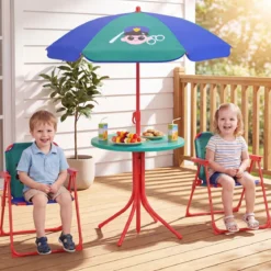 Kindersitzgruppe mit Sonnenschirm 4-Teilige Kindersitzgarnitur mit Tisch und 2 Klappstühlen Blau & Grün