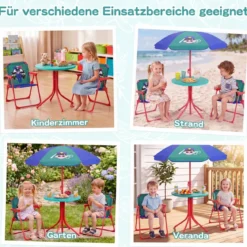 Kindersitzgruppe mit Sonnenschirm 4-Teilige Kindersitzgarnitur mit Tisch und 2 Klappstühlen Blau & Grün