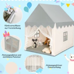 Kinderspielhaus Stabiles und Großes Spielhaus mit Baumwollmatratze 120 x 105 x 140 cm Grau + Beige