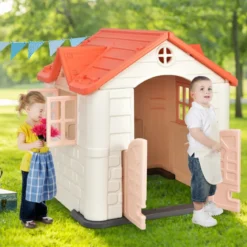 Kinder Spielhaus 164 x 124 x 132 cm Outdoor Kinderhäuschen mit Pickniktisch Rosa