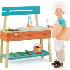 Kinder Spielküche hölzernes Kinderkücheset mit Lebensmitteln Holzspießen Grillrost Blau