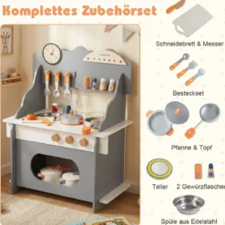Kinder Spielküche mit Komplettem Zubehör Puppenkühe mit Uhr & Herd & Gewürzregal Grau