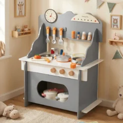 Kinder Spielküche mit Komplettem Zubehör Puppenkühe mit Uhr & Herd & Gewürzregal Grau