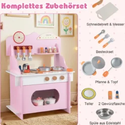 Kinder Spielküche mit Komplettem Zubehör Puppenkühe mit Uhr & Herd & Gewürzregal Rosa