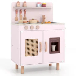 Kinder Spielküche mit Stauraum & Licht & Sound & Realistischem Eismaschine Holzküche Rosa