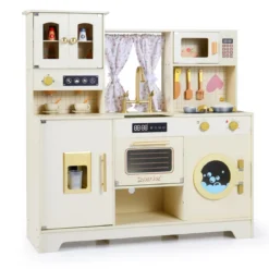 Kinder Spielküche Spielzeugküche mit Herdplatten Wasserhahn Spüle Kaffeemaschine Beige