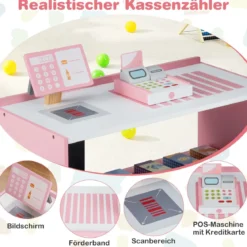 Kinder Supermarkt Spielset mit Kasse & POS-Maschine & Verkaufsautomat & Tafel Rosa