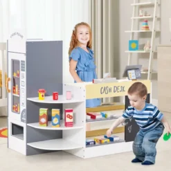 Kinder Supermarkt Spielset mit Kasse & POS-Maschine & Verkaufsautomat & Tafel Weiß