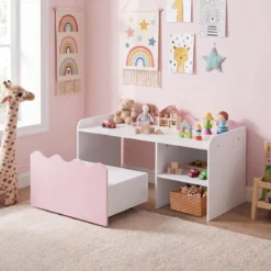 Kindertisch aus Holz Aktivitätstisch mit Breiter Tischplatte & Regal Kindersitzbank auf Rollen Rosa
