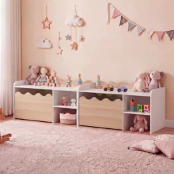 Kindertisch aus Holz Aktivitätstisch mit Breiter Tischplatte & Regal Kindersitzbank auf Rollen Natur