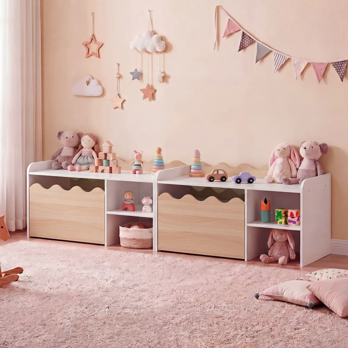 Kindertisch aus Holz Aktivitätstisch mit Breiter Tischplatte & Regal Kindersitzbank auf Rollen Natur