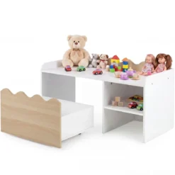 Kindertisch aus Holz Aktivitätstisch mit Breiter Tischplatte & Regal Kindersitzbank auf Rollen Natur