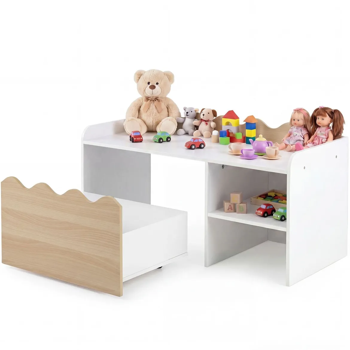 Kindertisch aus Holz Aktivitätstisch mit Breiter Tischplatte & Regal Kindersitzbank auf Rollen Natur