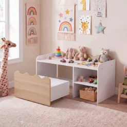 Kindertisch aus Holz Aktivitätstisch mit Breiter Tischplatte & Regal Kindersitzbank auf Rollen Natur