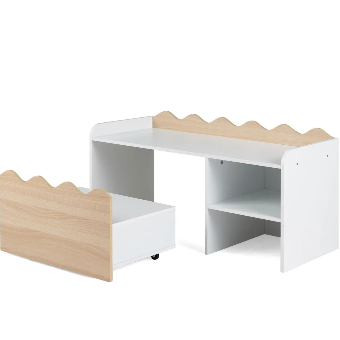 Kindertisch aus Holz Aktivitätstisch mit Breiter Tischplatte & Regal Kindersitzbank auf Rollen Natur