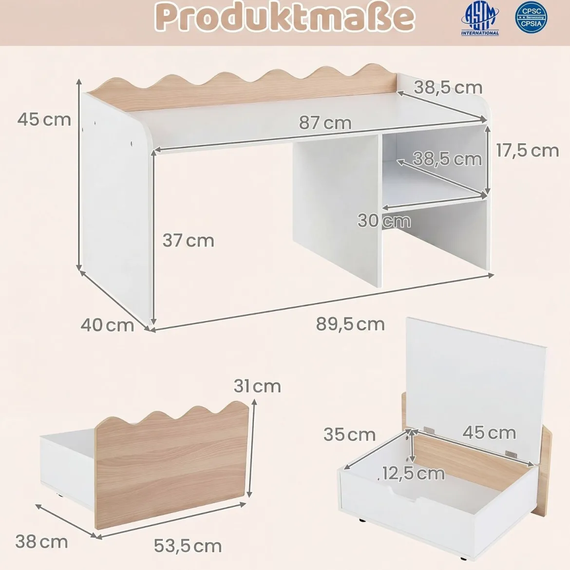 Kindertisch aus Holz Aktivitätstisch mit Breiter Tischplatte & Regal Kindersitzbank auf Rollen Natur