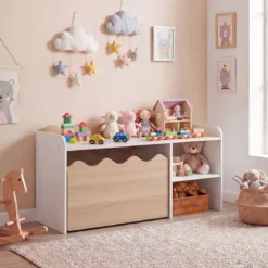 Kindertisch aus Holz Aktivitätstisch mit Breiter Tischplatte & Regal Kindersitzbank auf Rollen Natur