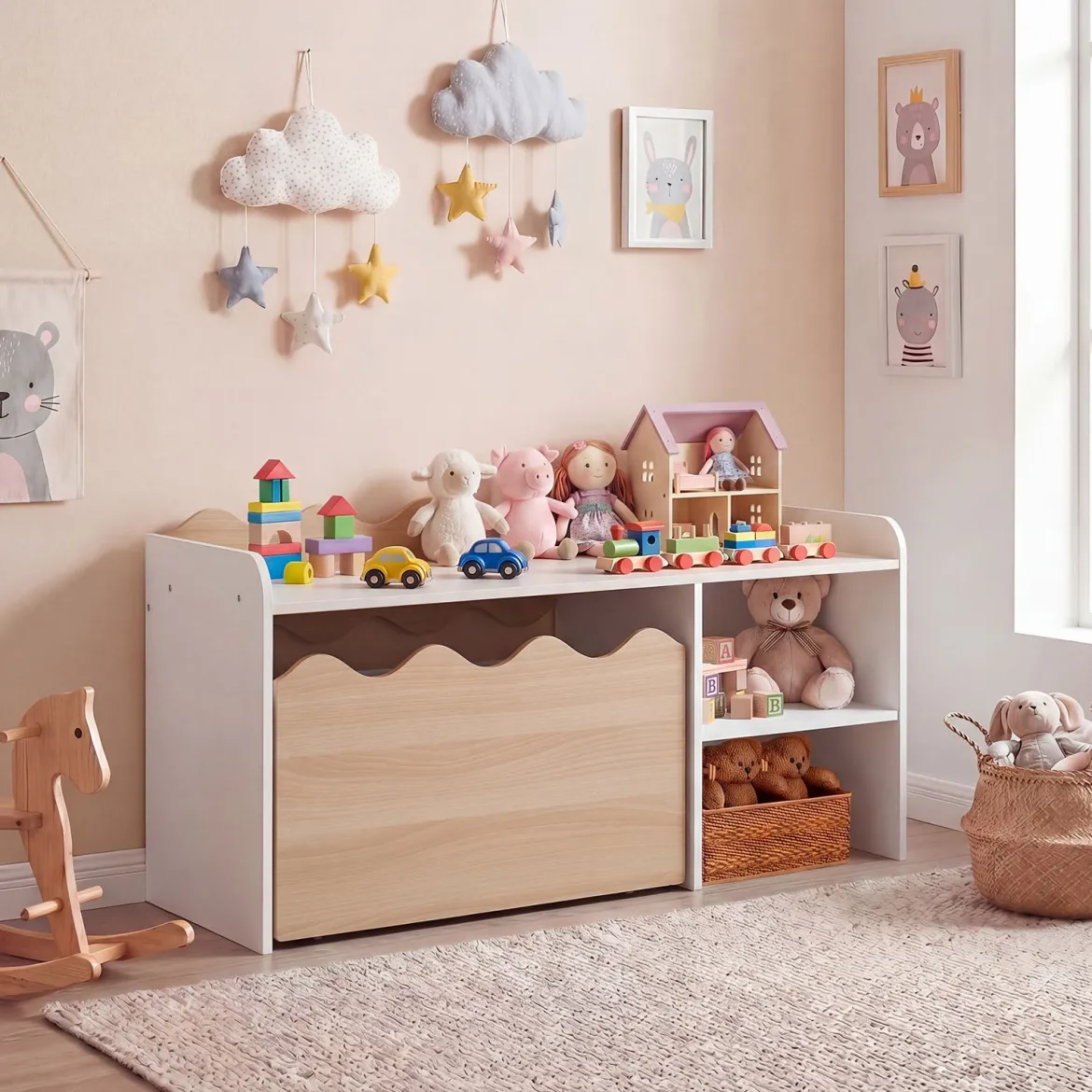 Kindertisch aus Holz Aktivitätstisch mit Breiter Tischplatte & Regal Kindersitzbank auf Rollen Natur
