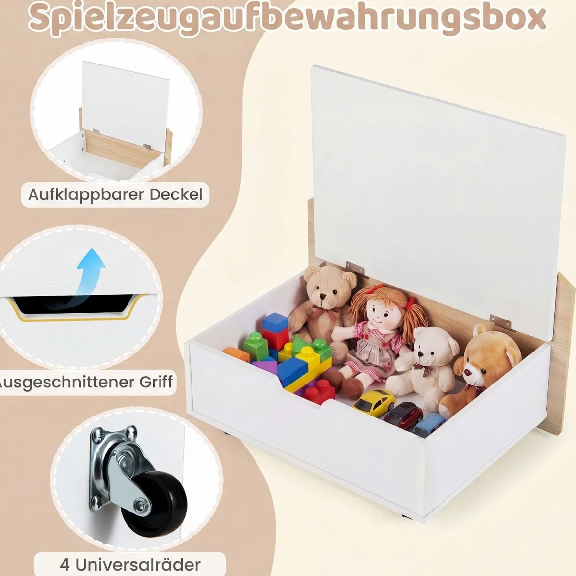 Kindertisch aus Holz Aktivitätstisch mit Breiter Tischplatte & Regal Kindersitzbank auf Rollen Natur