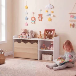 Kindertisch aus Holz Aktivitätstisch mit Breiter Tischplatte & Regal Kindersitzbank auf Rollen Natur