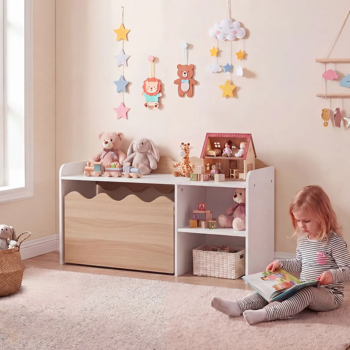 Kindertisch aus Holz Aktivitätstisch mit Breiter Tischplatte & Regal Kindersitzbank auf Rollen Natur