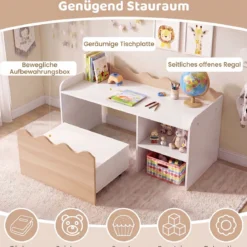 Kindertisch aus Holz Aktivitätstisch mit Breiter Tischplatte & Regal Kindersitzbank auf Rollen Natur