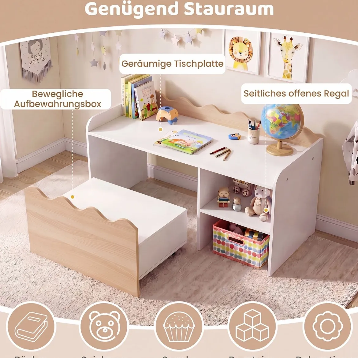 Kindertisch aus Holz Aktivitätstisch mit Breiter Tischplatte & Regal Kindersitzbank auf Rollen Natur