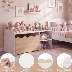 Kindertisch aus Holz Aktivitätstisch mit Breiter Tischplatte & Regal Kindersitzbank auf Rollen Natur