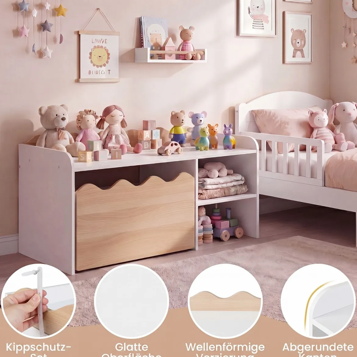 Kindertisch aus Holz Aktivitätstisch mit Breiter Tischplatte & Regal Kindersitzbank auf Rollen Natur