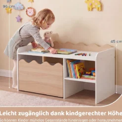 Kindertisch aus Holz Aktivitätstisch mit Breiter Tischplatte & Regal Kindersitzbank auf Rollen Natur