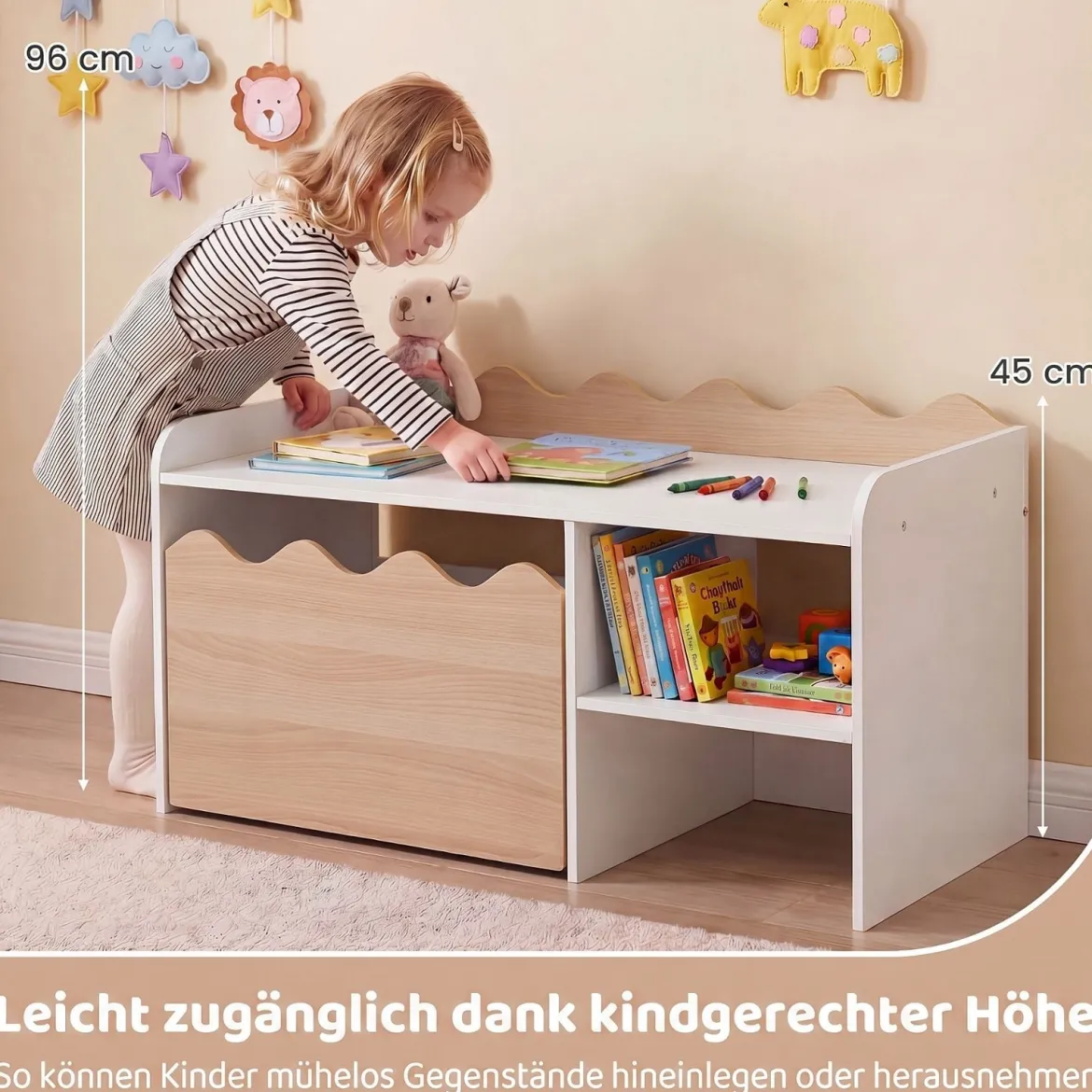 Kindertisch aus Holz Aktivitätstisch mit Breiter Tischplatte & Regal Kindersitzbank auf Rollen Natur