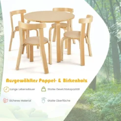 Kindertisch Holztisch mit 4 Stühlen für Kinder Kindertisch- und Stuhl-Set mit Rückenlehne Natur