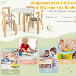 Kindertisch Holztisch mit 4 Stühlen für Kinder Kindertisch- und Stuhl-Set mit Rückenlehne Bunt