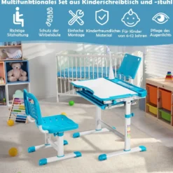 Kindertisch Kinderschreibtisch Set mit Bücherständer & LED-Licht für Jungs & Mädchen Blau