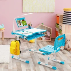 Kindertisch Kinderschreibtisch Set mit Bücherständer & LED-Licht für Jungs & Mädchen Blau