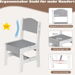 Kindertisch mit 2 Stühlen aus Holz mit 2 Abnehmbarem Körben & Breite Tischplatte Grau