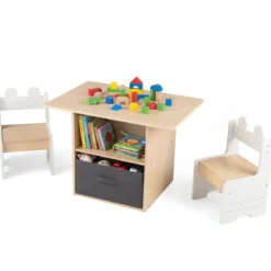 Kindertisch mit 2 Stühlen in Krokodilform 3 TLG. Kindersitzgruppe mit Stauraum & Stoffschublade Weiß+Natur