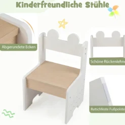Kindertisch mit 2 Stühlen in Krokodilform 3 TLG. Kindersitzgruppe mit Stauraum & Stoffschublade Weiß+Natur