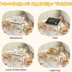 Kindertisch mit 2 Stühlen in Panda-Form 4-in-1 Aktivitätstisch mit beidseitiger Weißwandtafel & Schultafel