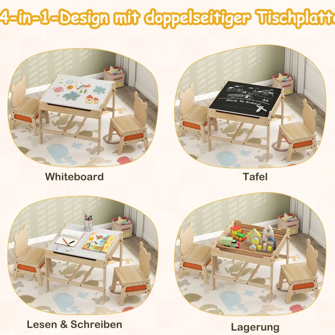 Kindertisch mit 2 Stühlen in Panda-Form 4-in-1 Aktivitätstisch mit beidseitiger Weißwandtafel & Schultafel