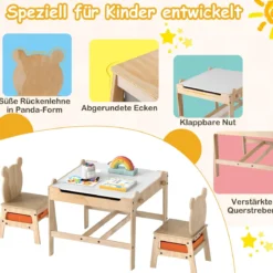 Kindertisch mit 2 Stühlen in Panda-Form 4-in-1 Aktivitätstisch mit beidseitiger Weißwandtafel & Schultafel