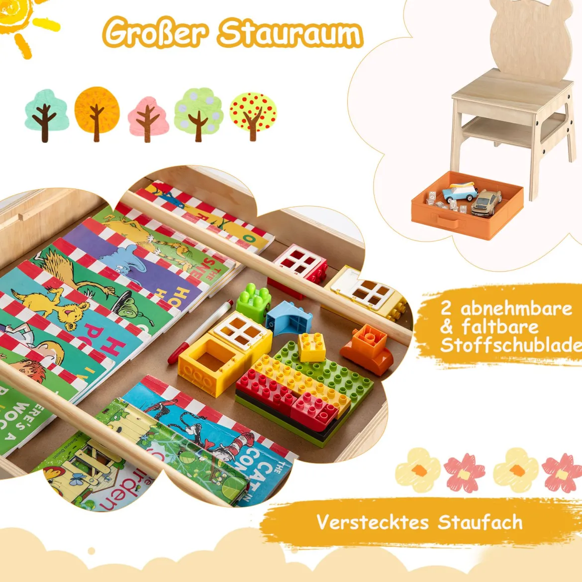 Kindertisch mit 2 Stühlen in Panda-Form 4-in-1 Aktivitätstisch mit beidseitiger Weißwandtafel & Schultafel