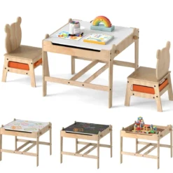 Kindertisch mit 2 Stühlen in Panda-Form 4-in-1 Aktivitätstisch mit beidseitiger Weißwandtafel & Schultafel