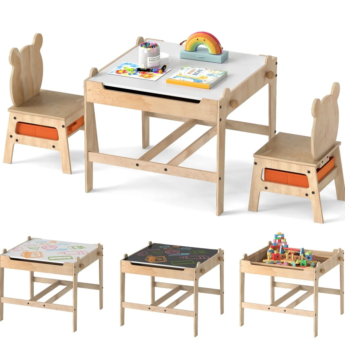 Kindertisch mit 2 Stühlen in Panda-Form 4-in-1 Aktivitätstisch mit beidseitiger Weißwandtafel & Schultafel