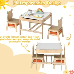 Kindertisch mit 2 Stühlen in Panda-Form 4-in-1 Aktivitätstisch mit beidseitiger Weißwandtafel & Schultafel