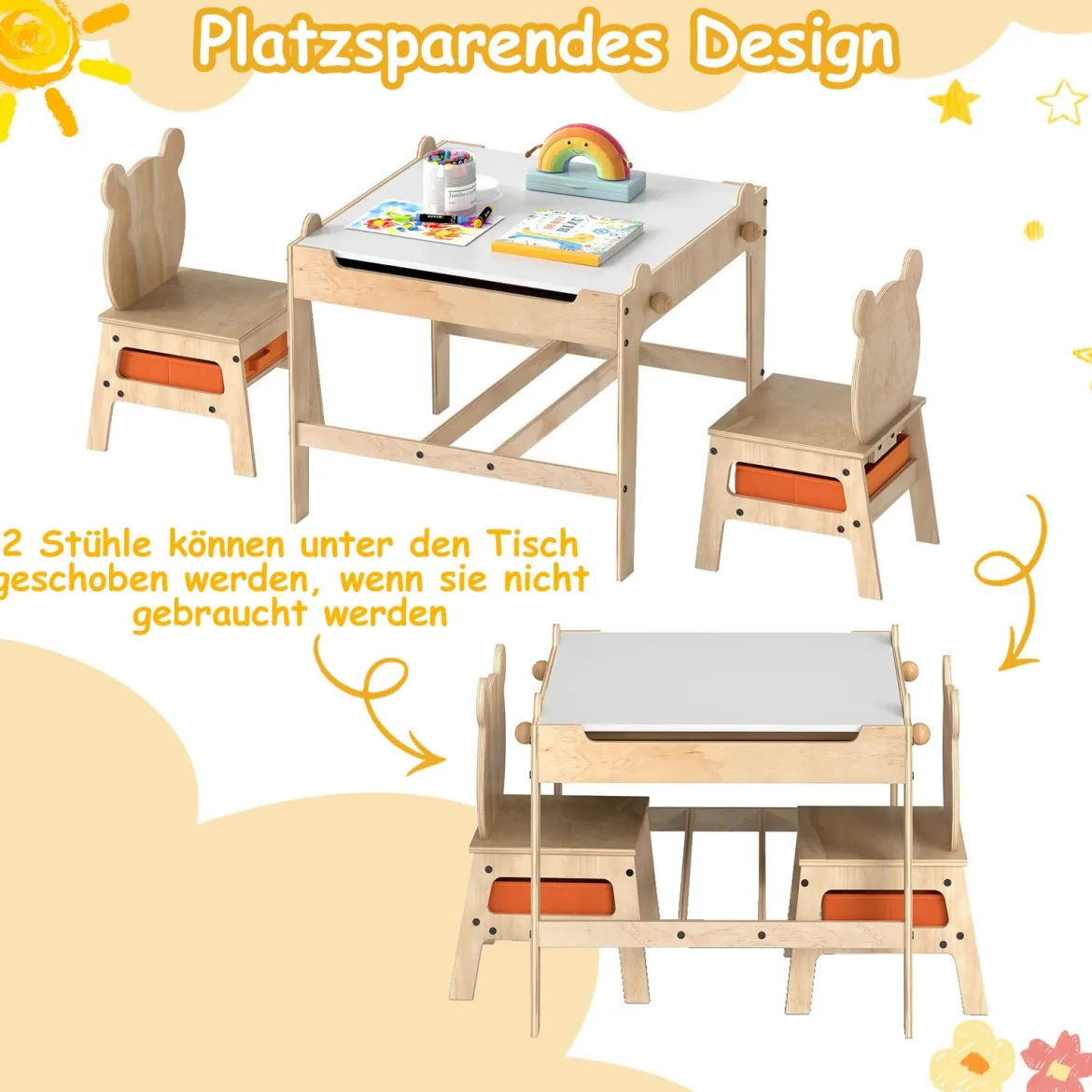 Kindertisch mit 2 Stühlen in Panda-Form 4-in-1 Aktivitätstisch mit beidseitiger Weißwandtafel & Schultafel