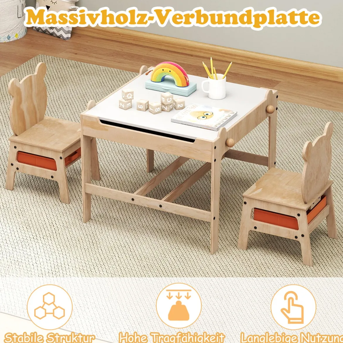Kindertisch mit 2 Stühlen in Panda-Form 4-in-1 Aktivitätstisch mit beidseitiger Weißwandtafel & Schultafel