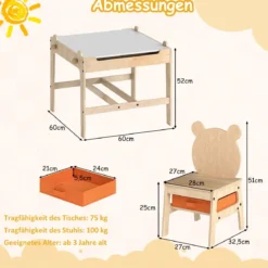 Kindertisch mit 2 Stühlen in Panda-Form 4-in-1 Aktivitätstisch mit beidseitiger Weißwandtafel & Schultafel