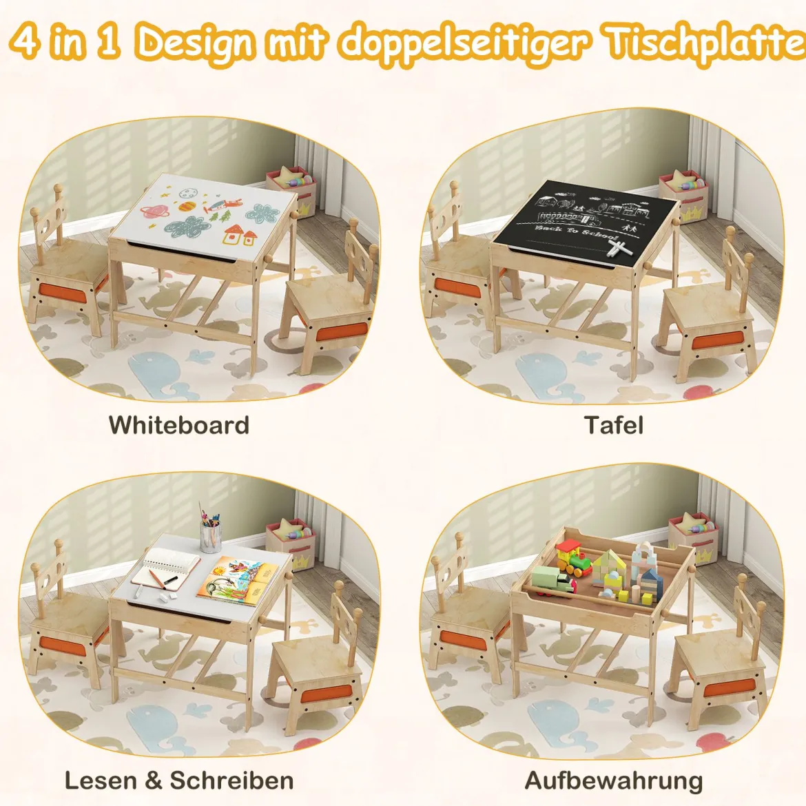 Kindertisch mit 2 Stühlen in Roboterform 4-in-1 Aktivitätstisch mit beidseitiger Weißwandtafel & Schultafel
